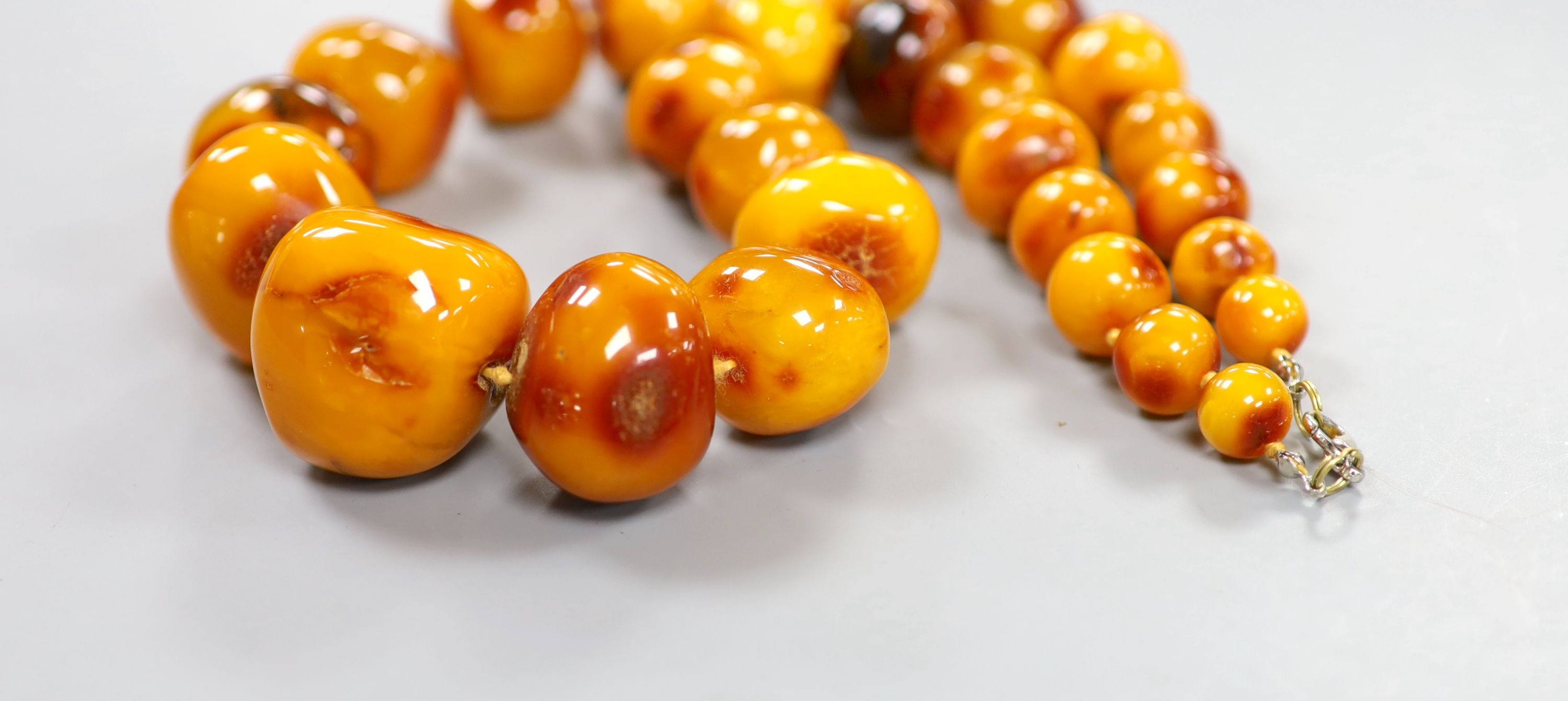 A single strand graduated amber pebble bead necklace, 58cm, gross weight 164 grams.